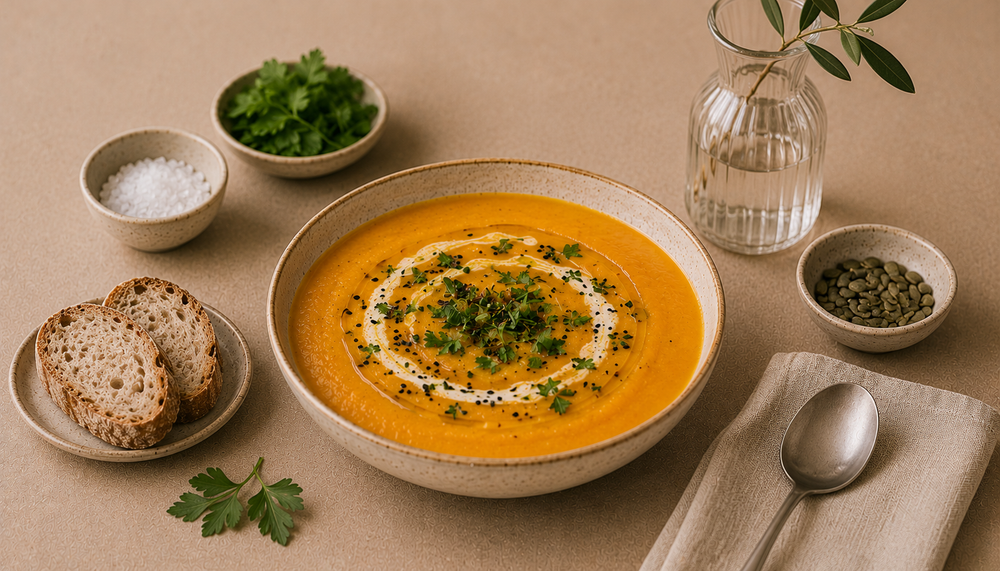 Cremige Kürbissuppe mit Schwarzkümmelöl